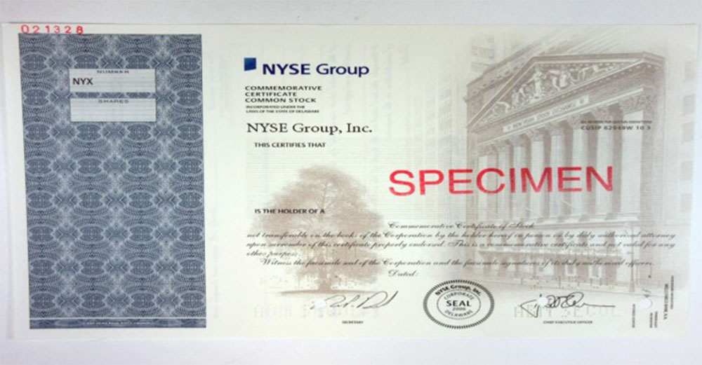 NYSE Group Commemorative Certificate Common Stock